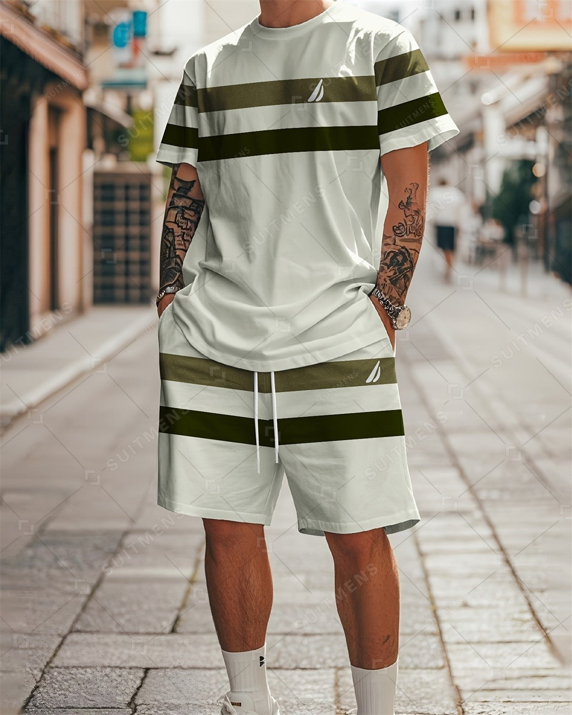 Men's Summer Striped Print Round Neck Set 939