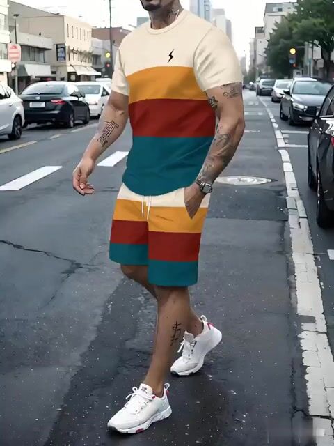 Men's Colorblock Stripe Summer Round Neck Set 119