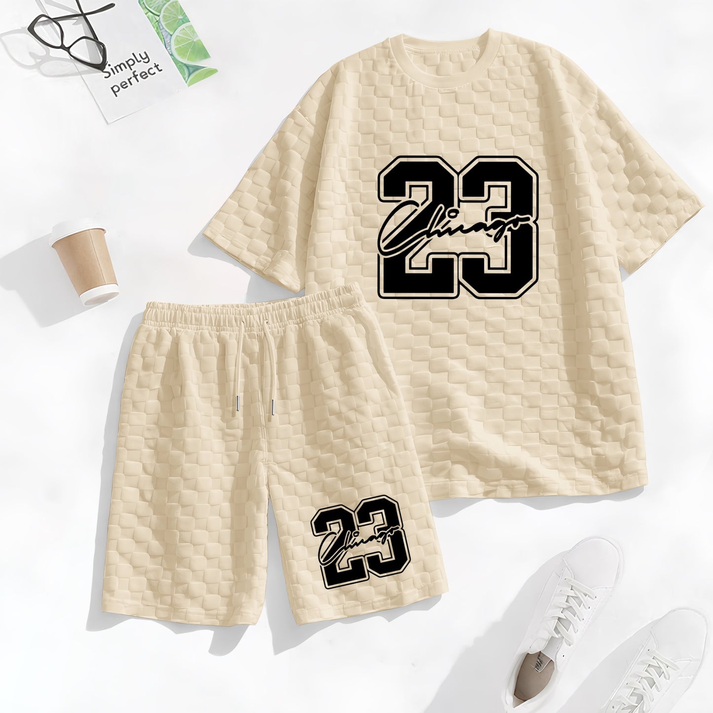 Men's No. 23 Graphic Print Spring And Summer Drawstring Shorts Set, A Casual Summer Outfit, Including A Short-Sleeved Shirt And Shorts, Suitable For Everyday Wear And Sports Activities. A Two-Piece Set For A Relaxed And Active Lifestyle.