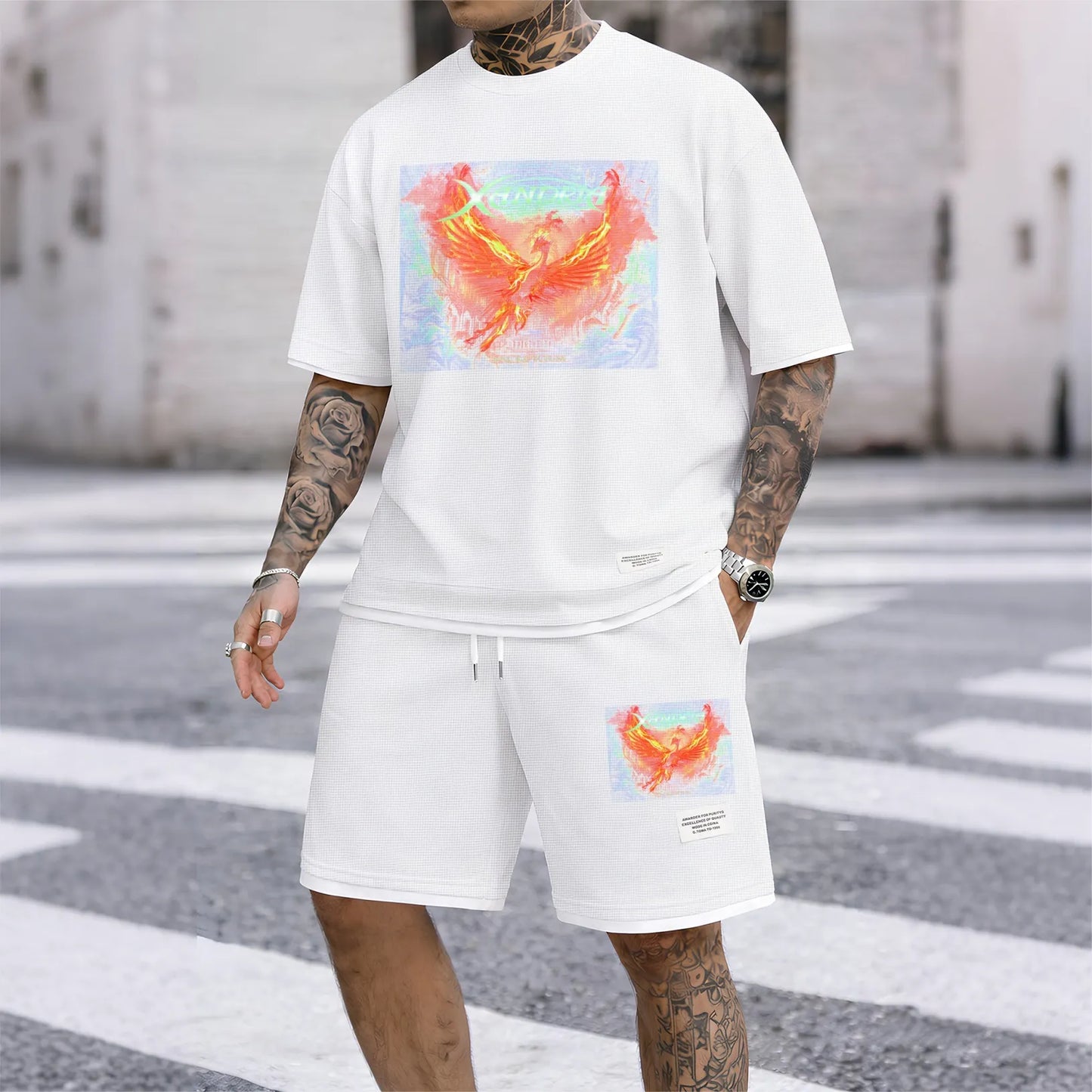 Men's Phoenix Graphic Print Short Sleeve Shirt and Drawstring Shorts Set, Casual Summer Two-Piece Outfit, Lightweight Breathable Relaxed Fit Athletic Set for Daily Wear, Beach, Vacation, Travel and Loungewear