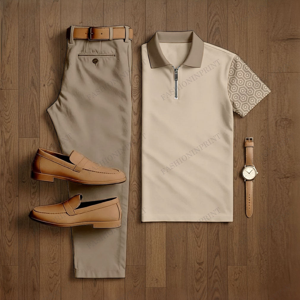 Men's Casual Coffee & Apricot Color Matching Geometric Printed Short Sleeved Polo Shirt & Trousers Two-Piece Set