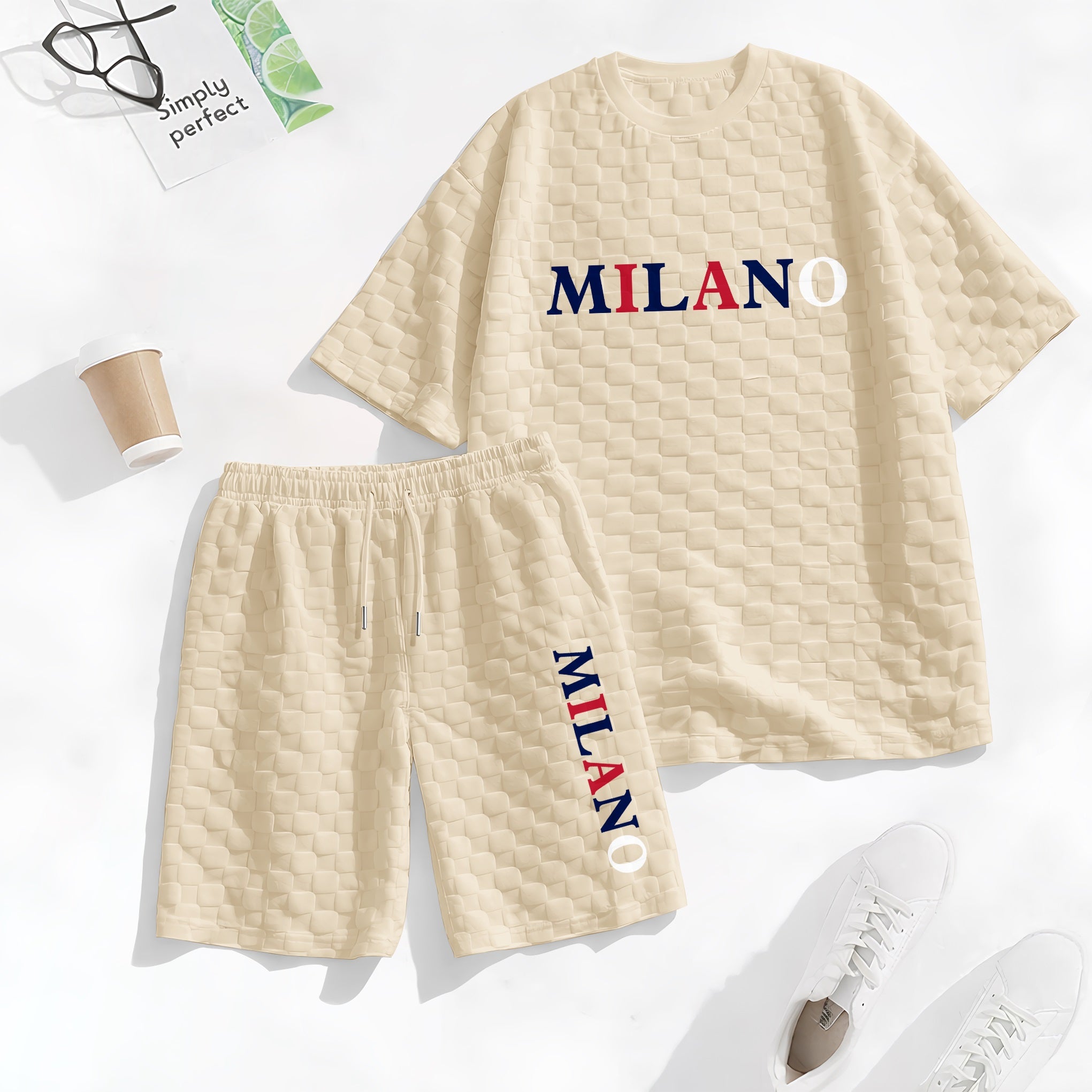 Men's Spring and Summer 'MILANO' Letter Print Checkered Fabric Drawstring Shorts Set, Casual Summer Outfit with Short-Sleeved Shirt and Shorts, Ideal for Everyday Wear and Sports Activities