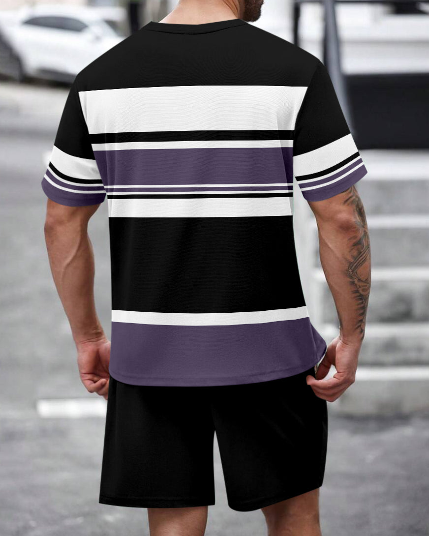 Men's Summer Colorblock Printed Round Neck Set 468