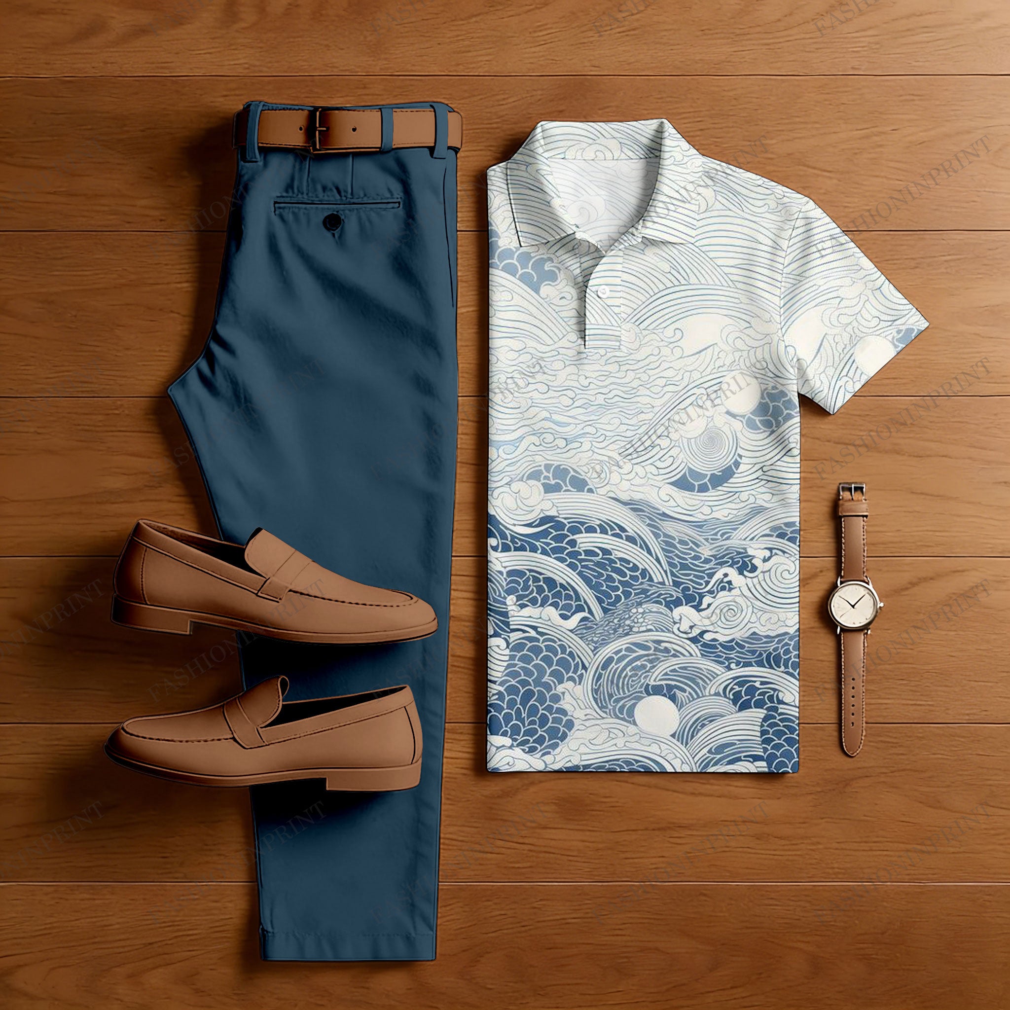 Men's Casual White Waves Printed Polo Shirt And Pants Two-Piece Set