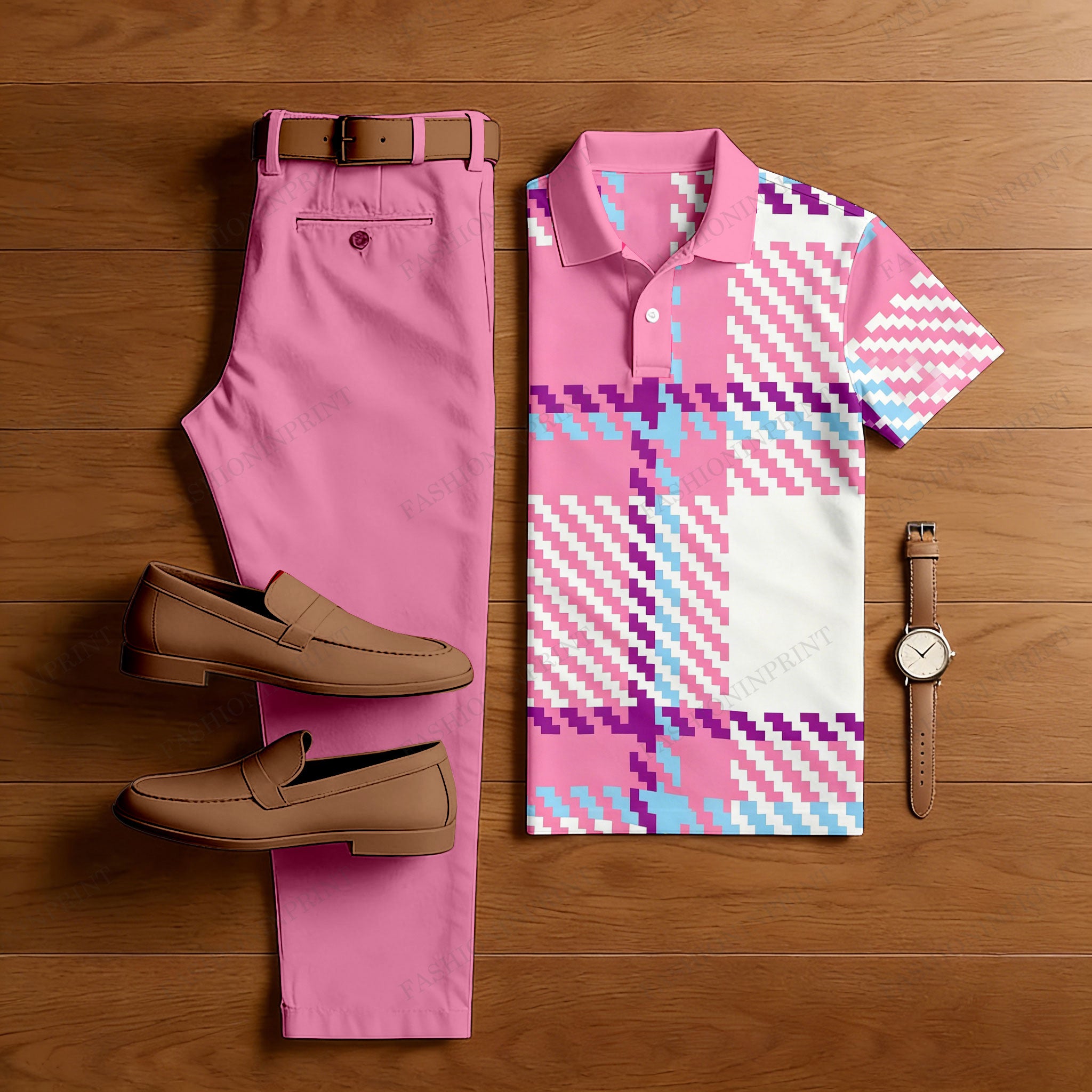 Men's Casual Pink Plaid Printed Polo Shirt And Pants Two-Piece Set 204514