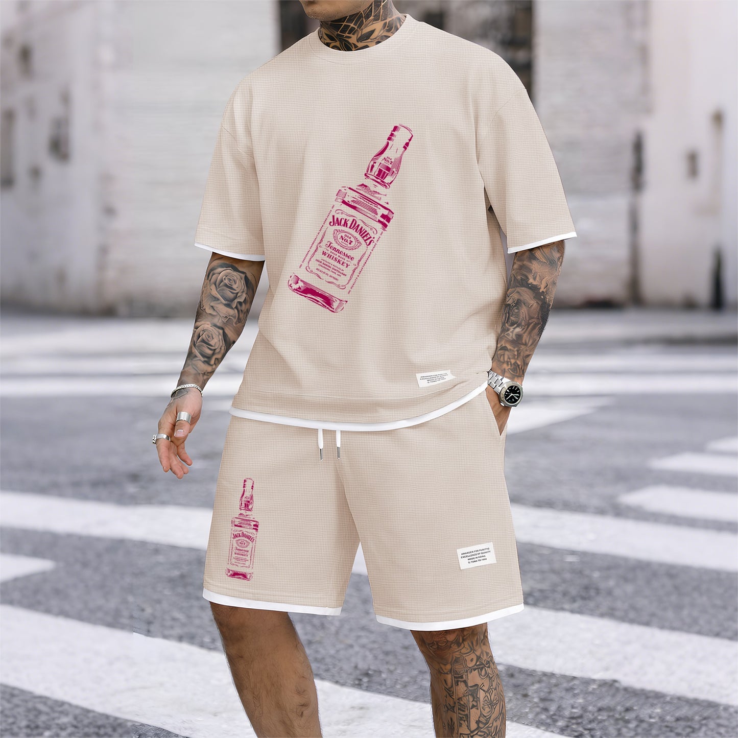Men's Beer And Beverage Printed Drawstring Shorts Set, Suitable For Spring And Summer Wear, Casual Summer Set, Including Short-Sleeved Shirt And Shorts, Suitable For Everyday Wear And Sports 07