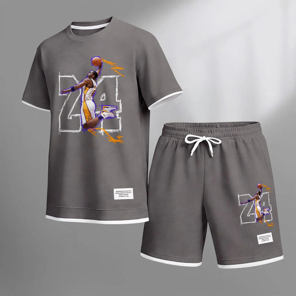 Men's No.24 Basketball Dunk Art Print Short Sleeve T-Shirt & Shorts Set, Summer Lightweight Waffle Sporty Casual Two-Piece Outfit, Streetwear for Basketball, Gym & Daily Wear