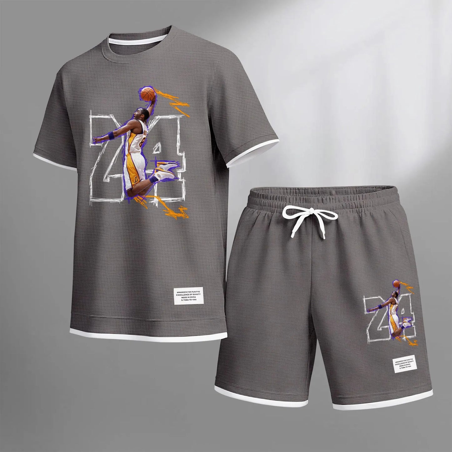 Men's No.24 Basketball Dunk Art Print Short Sleeve T-Shirt & Shorts Set, Summer Lightweight Waffle Sporty Casual Two-Piece Outfit, Streetwear for Basketball, Gym & Daily Wear