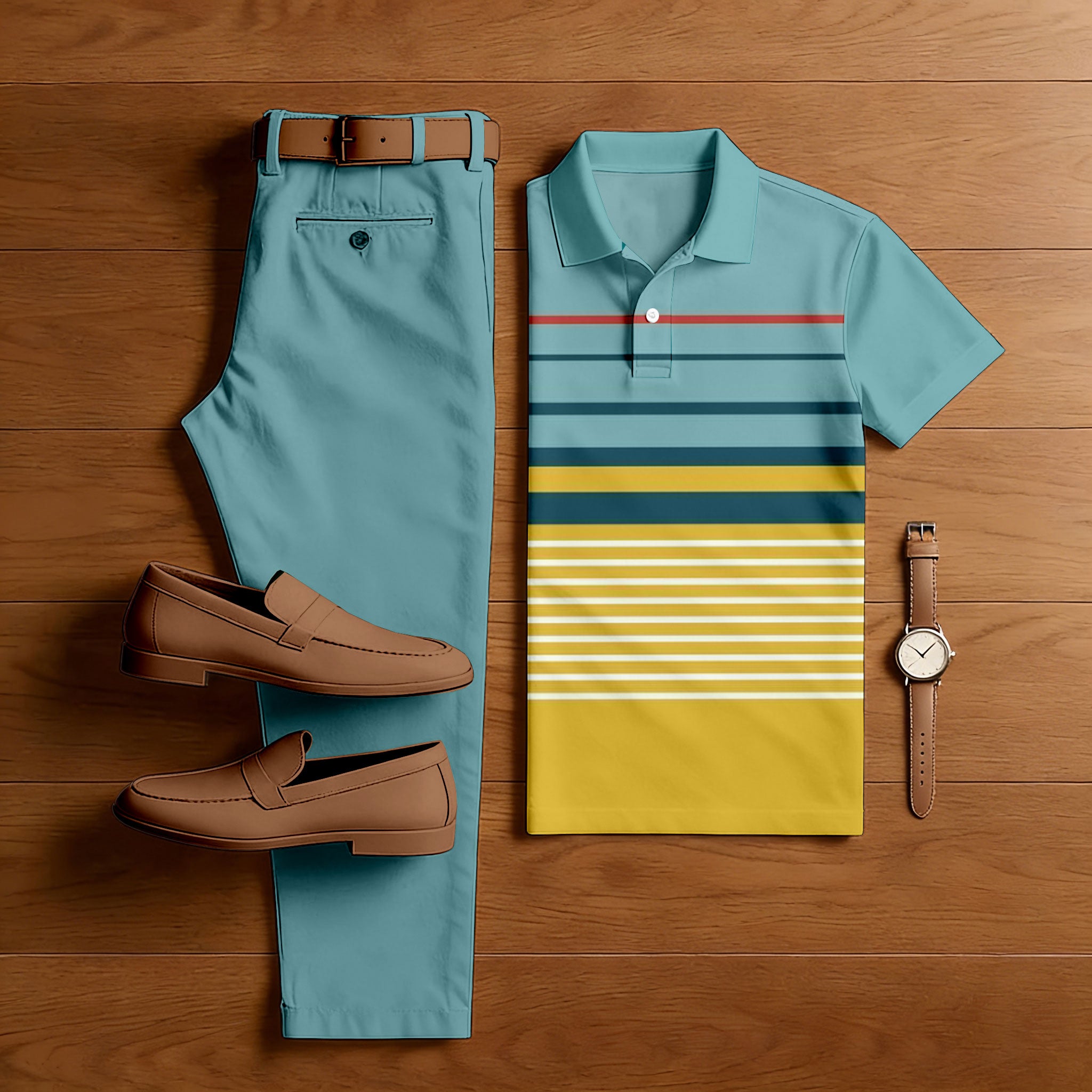 Men's Casual Green & Yellow Color Matching Striped Printed Short Sleeved Polo Shirt & Trousers Two-Piece Set