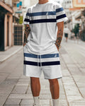 Men's Summer Striped Print Round Neck Set 939