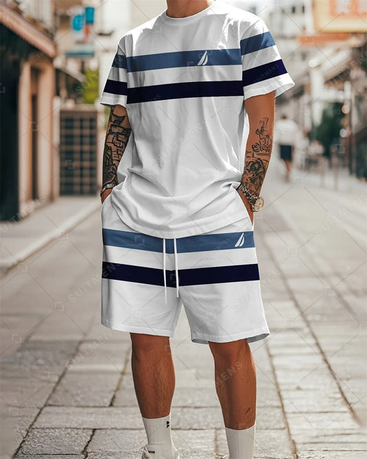 Men's Summer Striped Print Round Neck Set 939