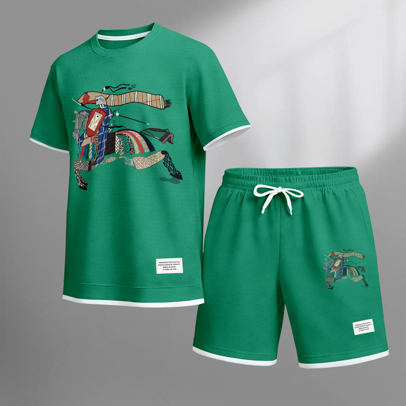 Men's Casual Style Knight Print Waffle Fabric Short-Sleeved Shirt And Shorts Set