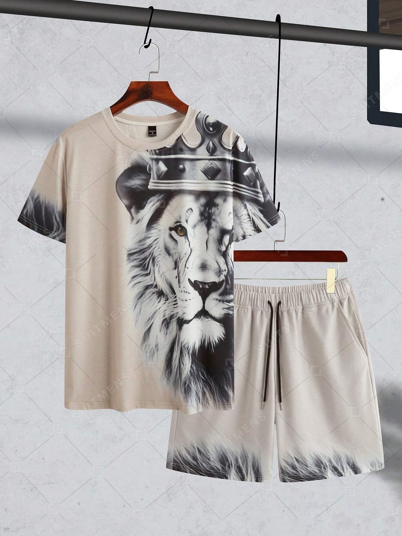 Men's Summer Gradient Lion Print Round Neck Set 224