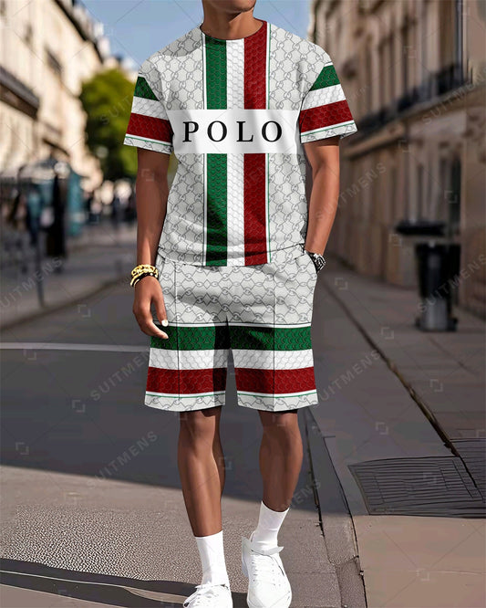 Men's Colorblock Printed Casual Summer Round Neck Set 2027
