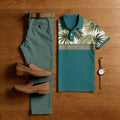 Men's Casual Green Printed Polo Shirt And Trousers Two-Piece Set