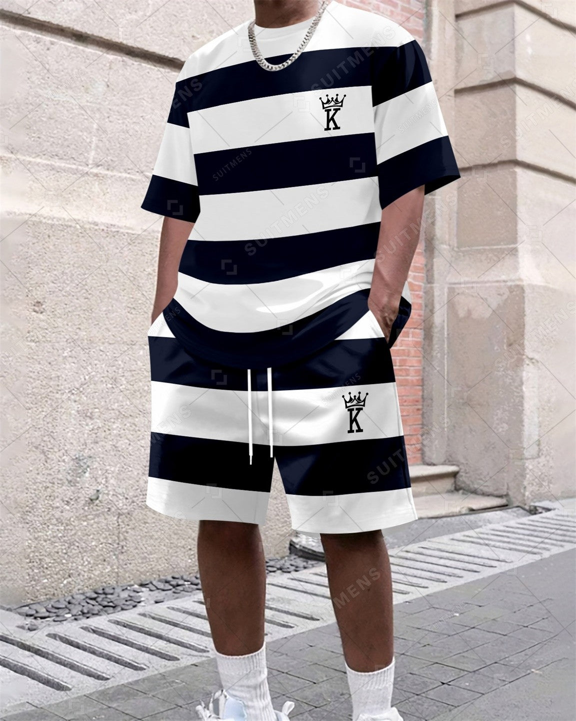 Men's Summer Colorblock Printed Round Neck Set 385