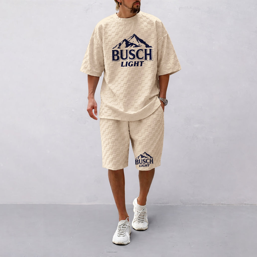 Men's Spring And Summer American Beer Print With Red And Black Line Checkered Fabric Drawstring Shorts Set, Casual Summer Outfit With Short-Sleeved Shirt And Shorts, Ideal For Everyday Wear And Sports Activities