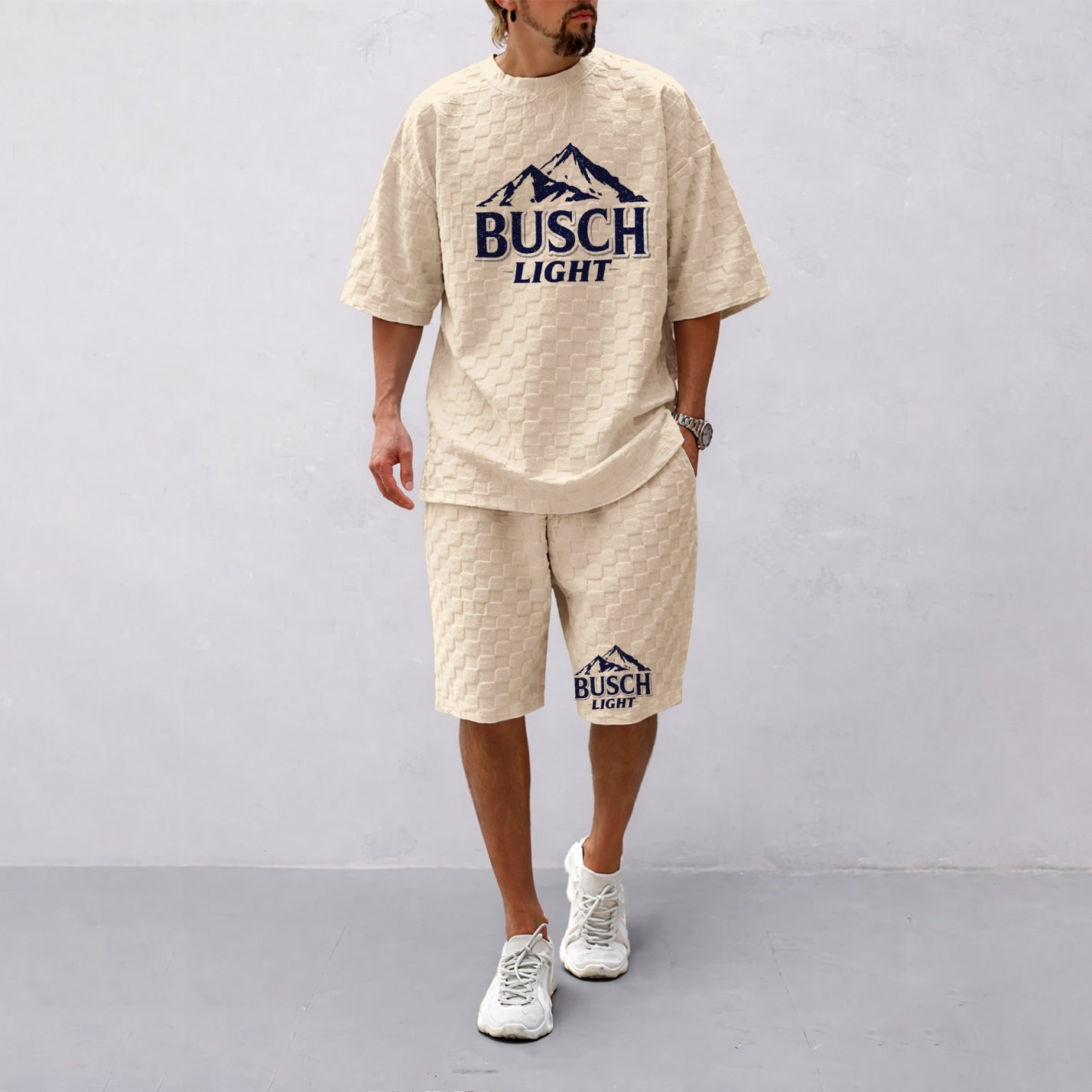 Men's Spring And Summer American Beer Print With Red And Black Line Checkered Fabric Drawstring Shorts Set, Casual Summer Outfit With Short-Sleeved Shirt And Shorts, Ideal For Everyday Wear And Sports Activities