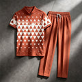 Men's Casual Dark Brown Geometric Print Crew Neck Short-Sleeve Shirt & Long Pants Set With Zipper Detail