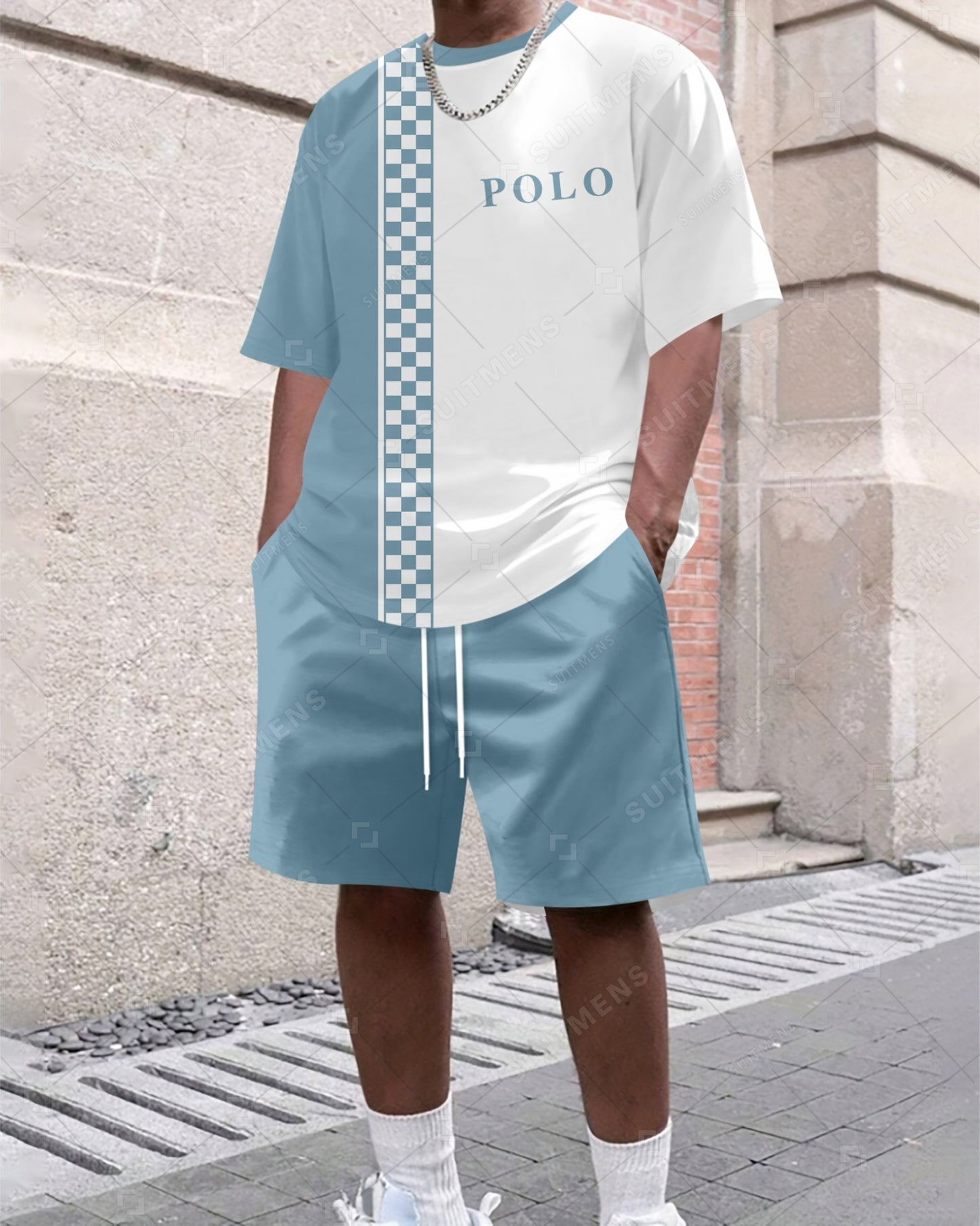 Men's Summer Colorblock Printed Round Neck Suit 037