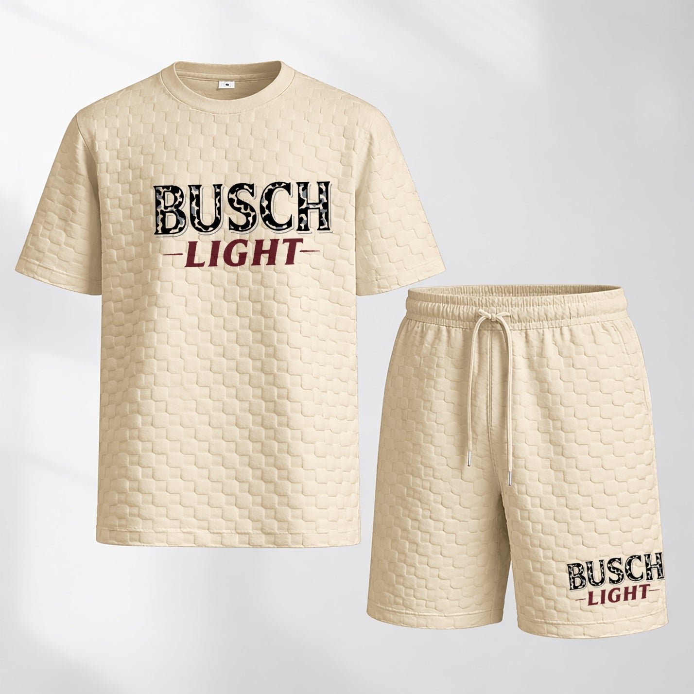 Men's Spring And Summer Classic Beer Print With Red And Black Line Checkered Fabric Drawstring Shorts Set, Casual Summer Outfit With Short-Sleeved Shirt And Shorts, Ideal For Everyday Wear And Sports Activities