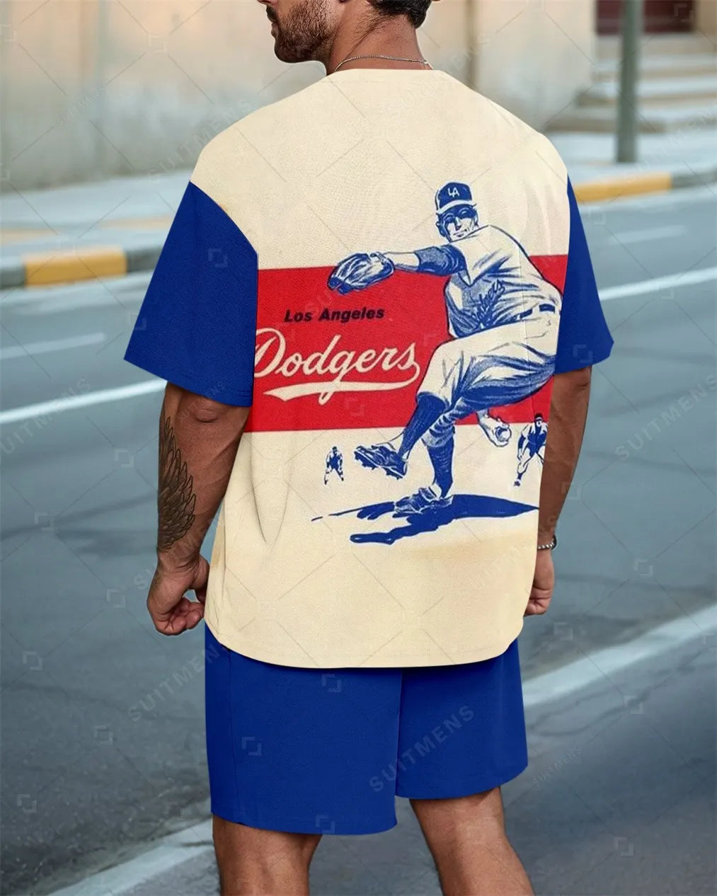 Men's Nostalgic Baseball Pattern Summer Round Neck Set 0127