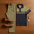 Men's Casual Army Green & Dark Navy Blue Color Matching Printed Short Sleeved Polo Shirt & Trousers Two-Piece Set
