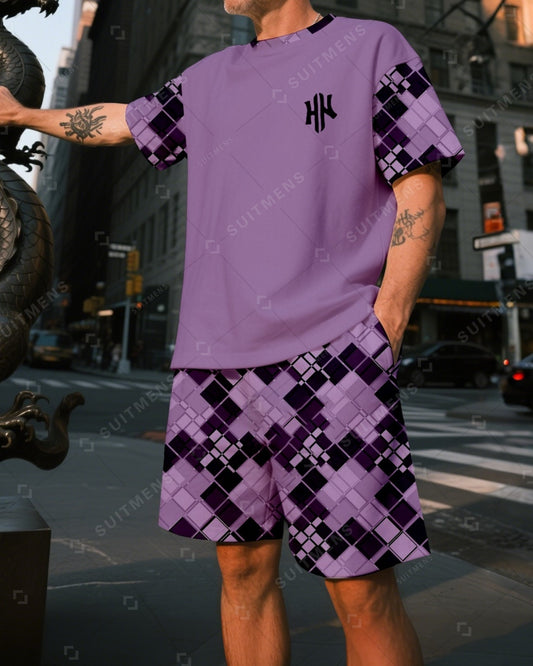 Men's Summer Colorblock Printed Round Neck Suit 013