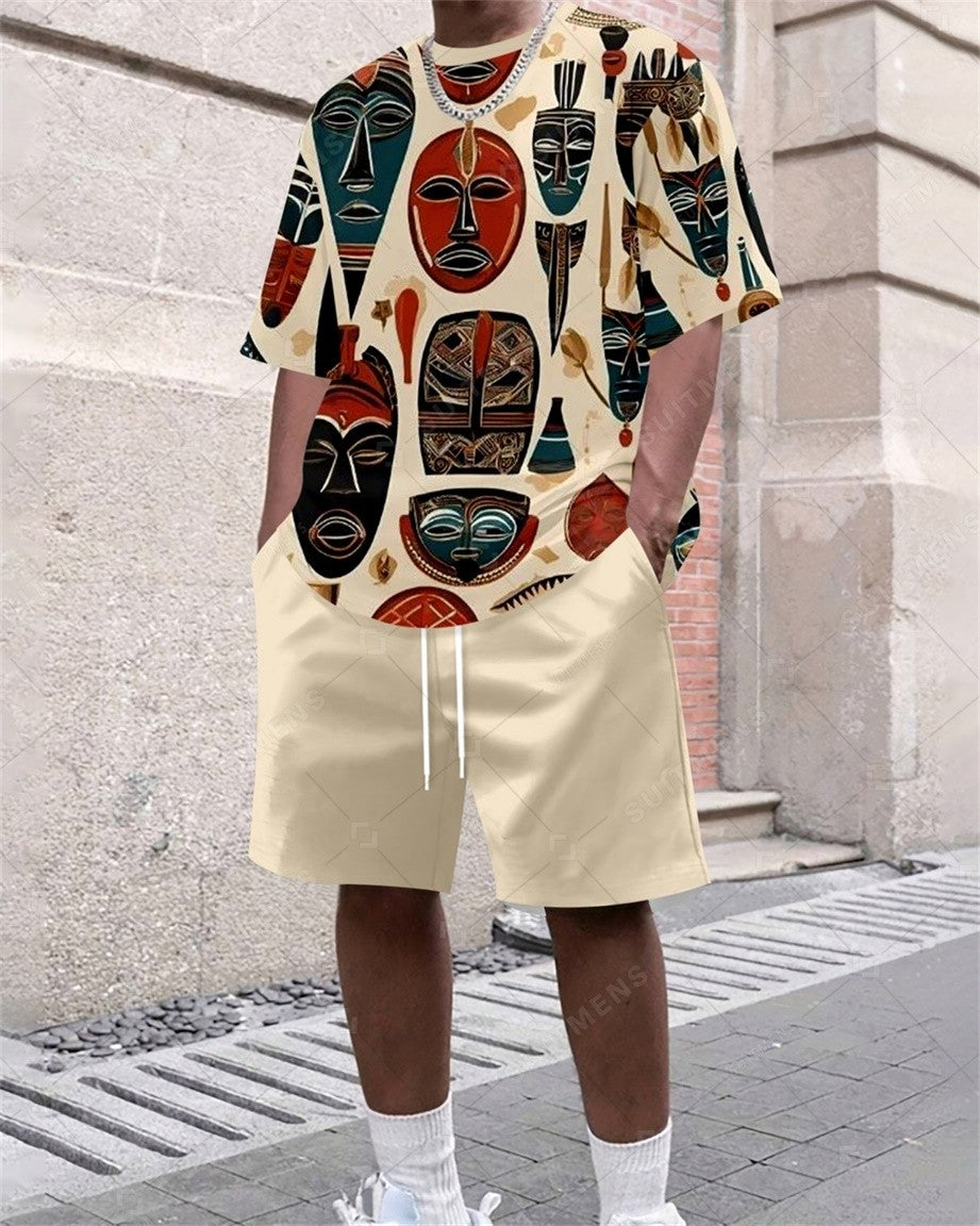 Men's Summer Retro Printed Round Neck Set 814