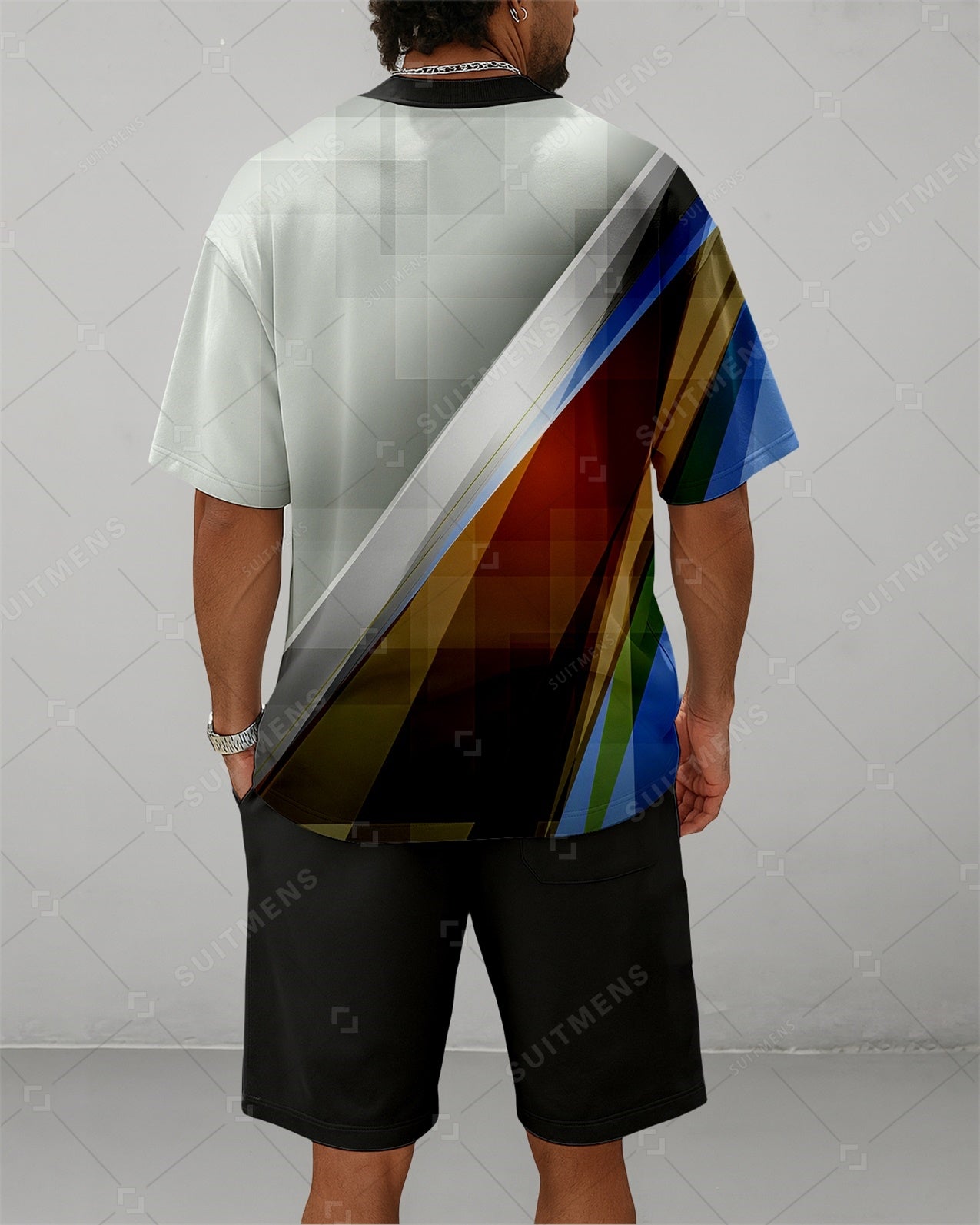 Men's Summer Colorblock Printed Round Neck Suit 087