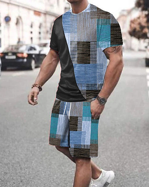 Suitmens Men's Colorblock Check Print Shorts Set 363