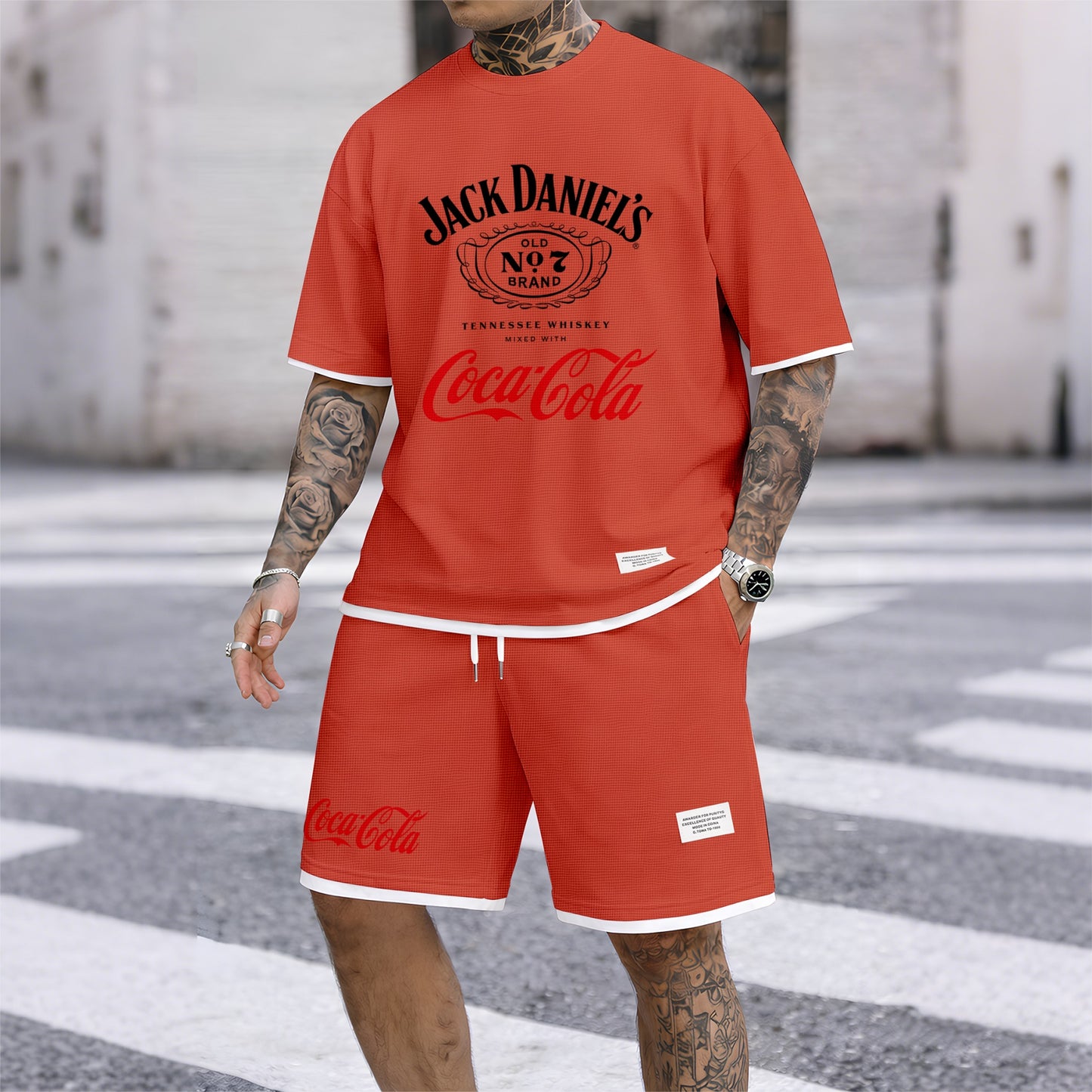 Men's Beer Print Drawstring Shorts Set, Suitable For Spring And Summer Wear, Casual Summer Set, Including Short-Sleeved Shirt And Shorts, Suitable For Everyday Wear And Sports 06