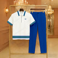 Men's Casual Blue & White Color Matching Striped Printed Zipper Short Sleeved Polo Shirt & Trousers Two-Piece Set