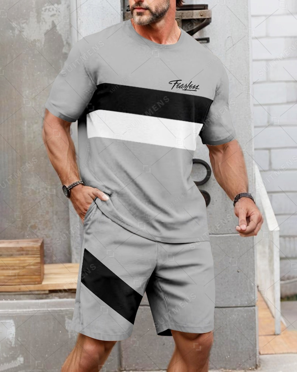 Men's Summer Color Matching Print Round Neck Set 229