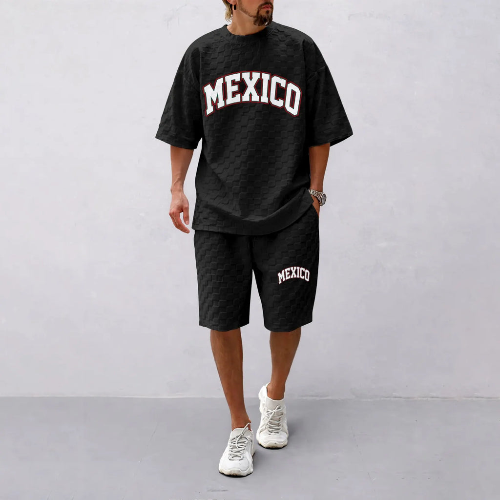 Men's Spring/Summer Mexican-Print Plaid Drawstring Shorts Set—A casual summer outfit featuring a short-sleeve shirt and shorts, ideal for both everyday wear and athletic activities