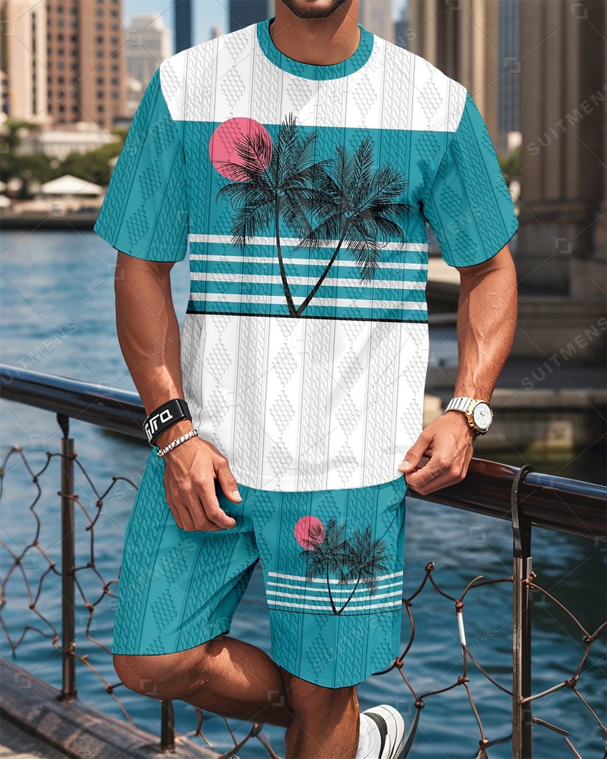 Men's Colorblock Round Neck Jacquard Texture Print Shorts Set  006