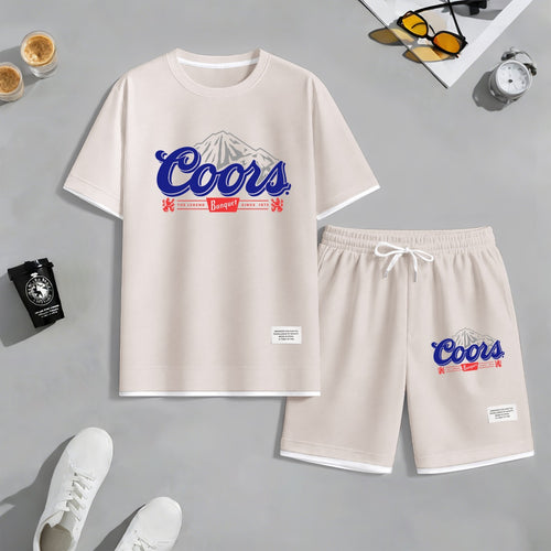 Men's American Beer Print Waffle Fabric Short-Sleeved Shirt And Shorts Set
