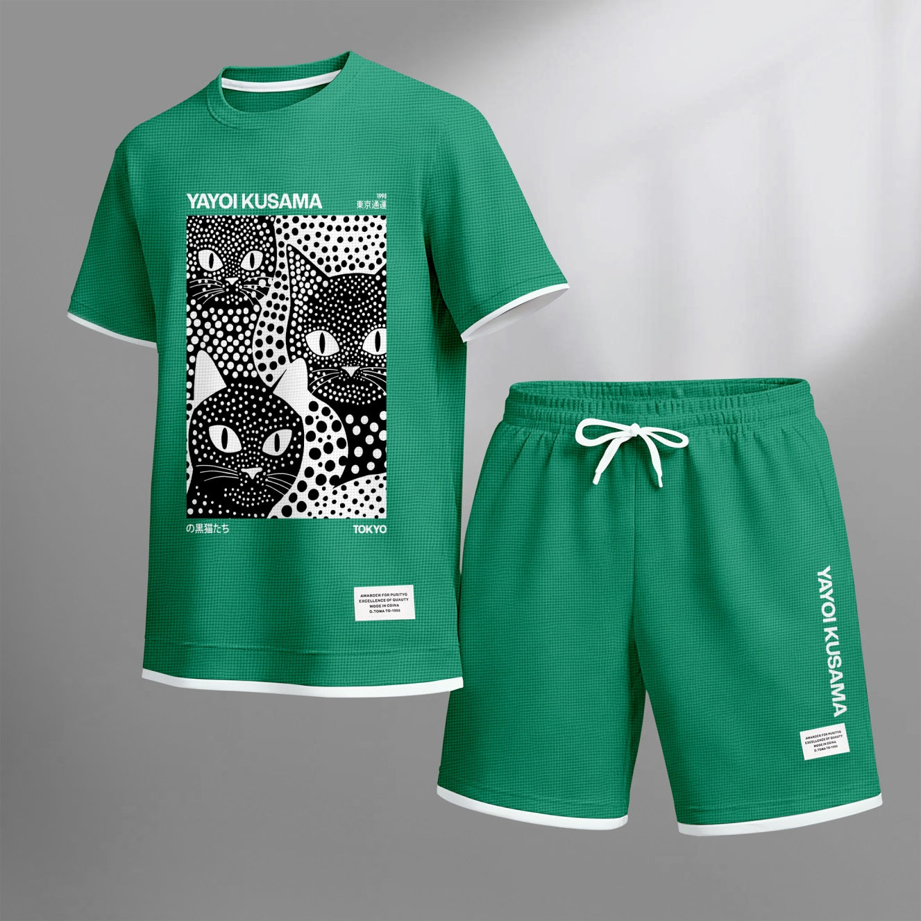 Men's Polka-Dot Black Cat Print Waffle Fabric Short-Sleeved Shirt And Shorts Set