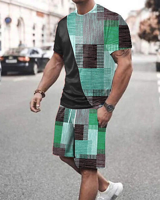Suitmens Men's Colorblock Check Print Shorts Set 363