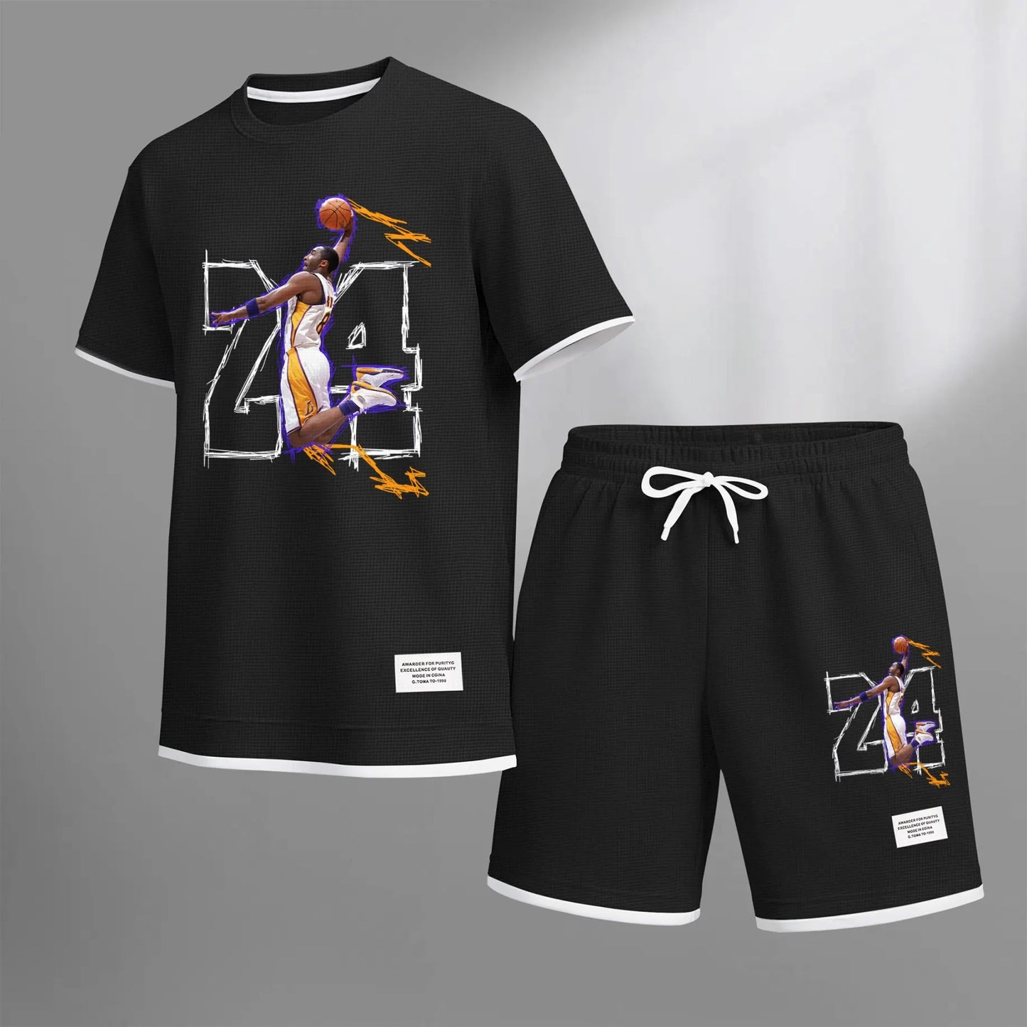 Men's No.24 Basketball Dunk Art Print Short Sleeve T-Shirt & Shorts Set, Summer Lightweight Waffle Sporty Casual Two-Piece Outfit, Streetwear for Basketball, Gym & Daily Wear