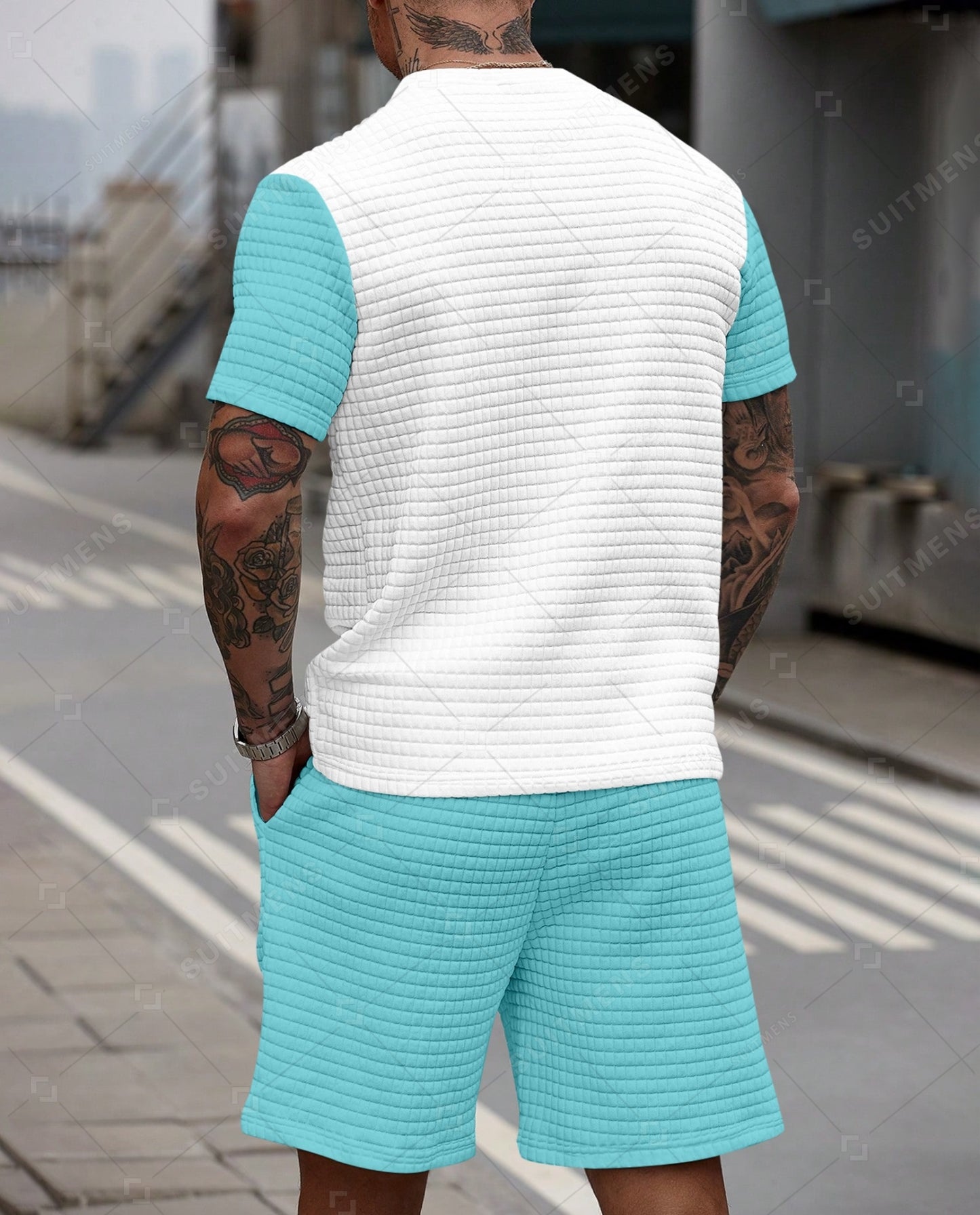 Men's Casual Waffle Textured Summer Round Neck Short Sleeve Shorts Set 0014
