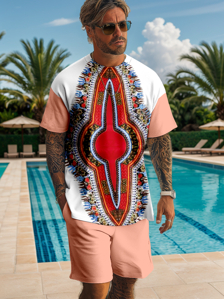 Men's casual color block printed shorts Set 511