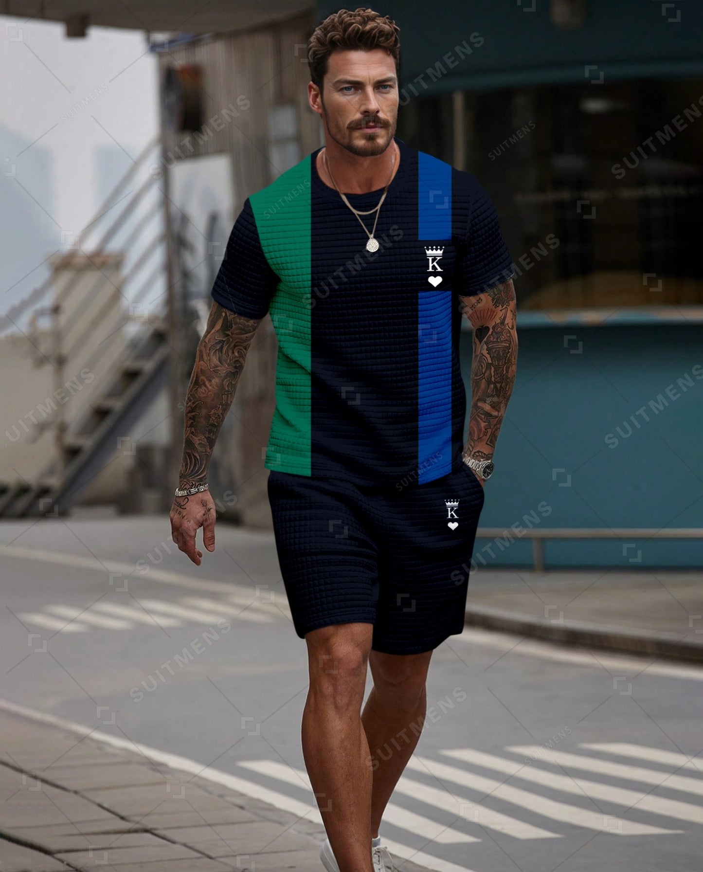 Men's Casual Waffle Textured Summer Round Neck Short Sleeve Shorts Set 0027