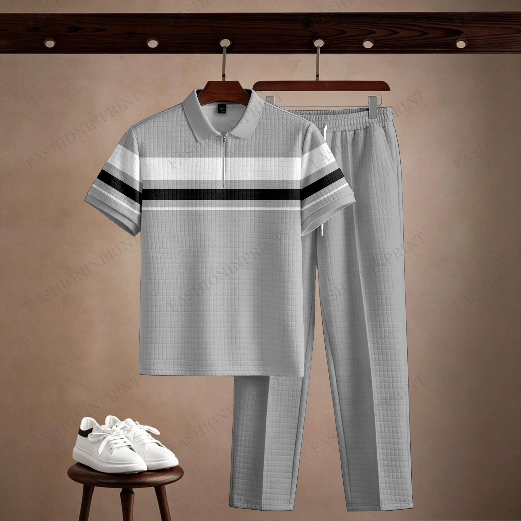 Men's Casual Grey Printed Polo Short-Sleeve T-Shirt And Pants Two-Piece Set