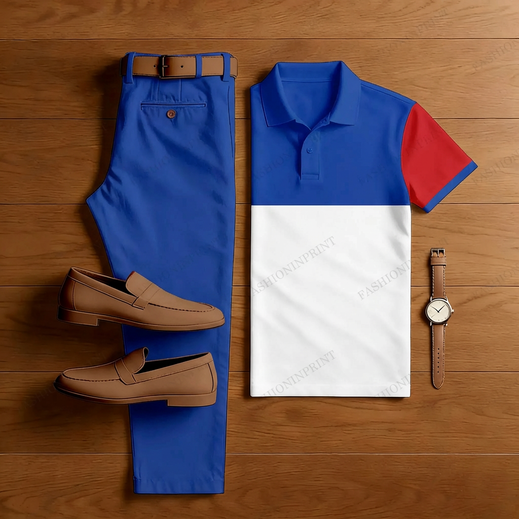 Men's Casual Blue & White Short-Sleeved Polo Shirt And Trousers Two-Piece Set