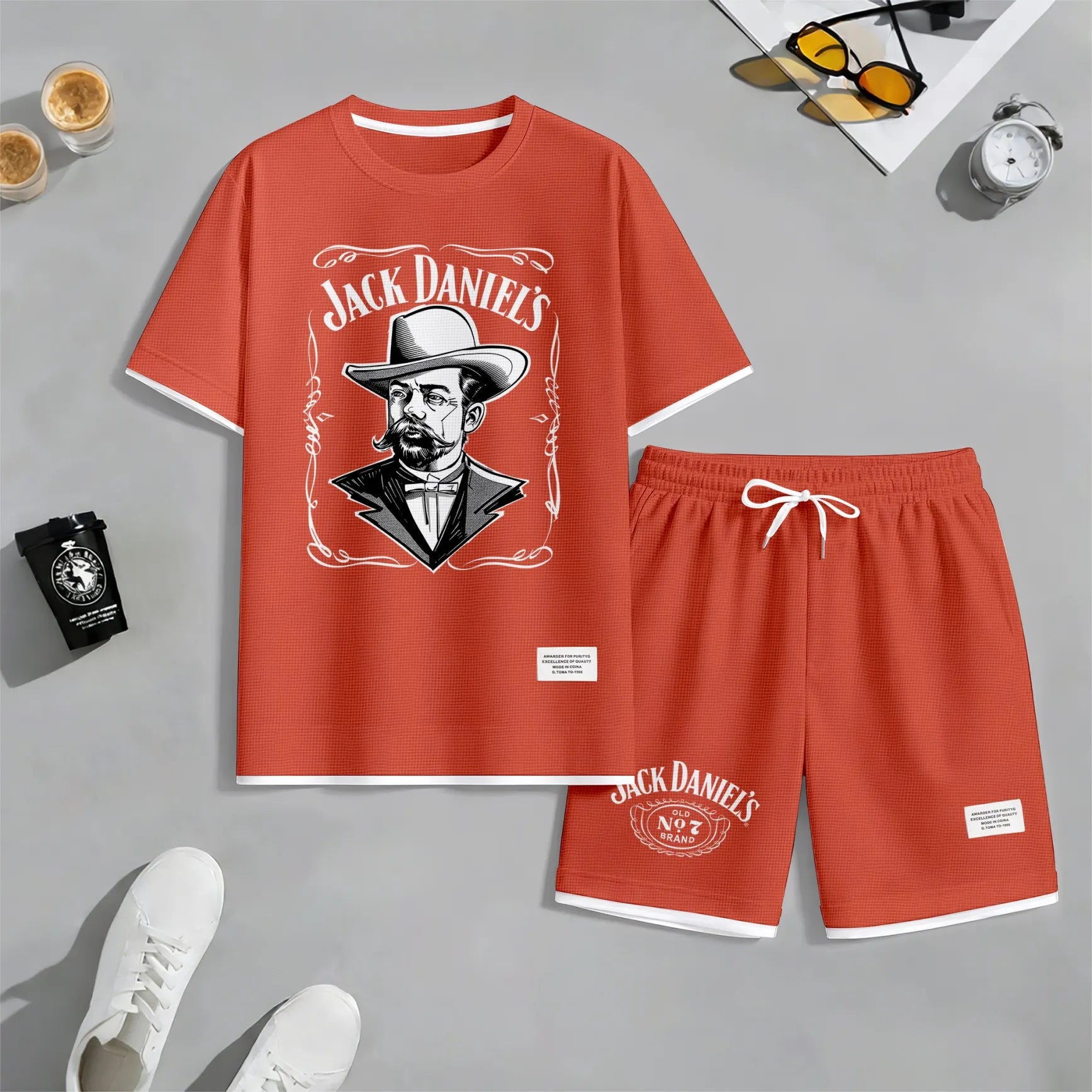 Men's Beer Print Drawstring Shorts Set, Suitable For Spring And Summer Wear, Casual Summer Set, Including Short-Sleeved Shirt And Shorts, Suitable For Everyday Wear And Sports 04
