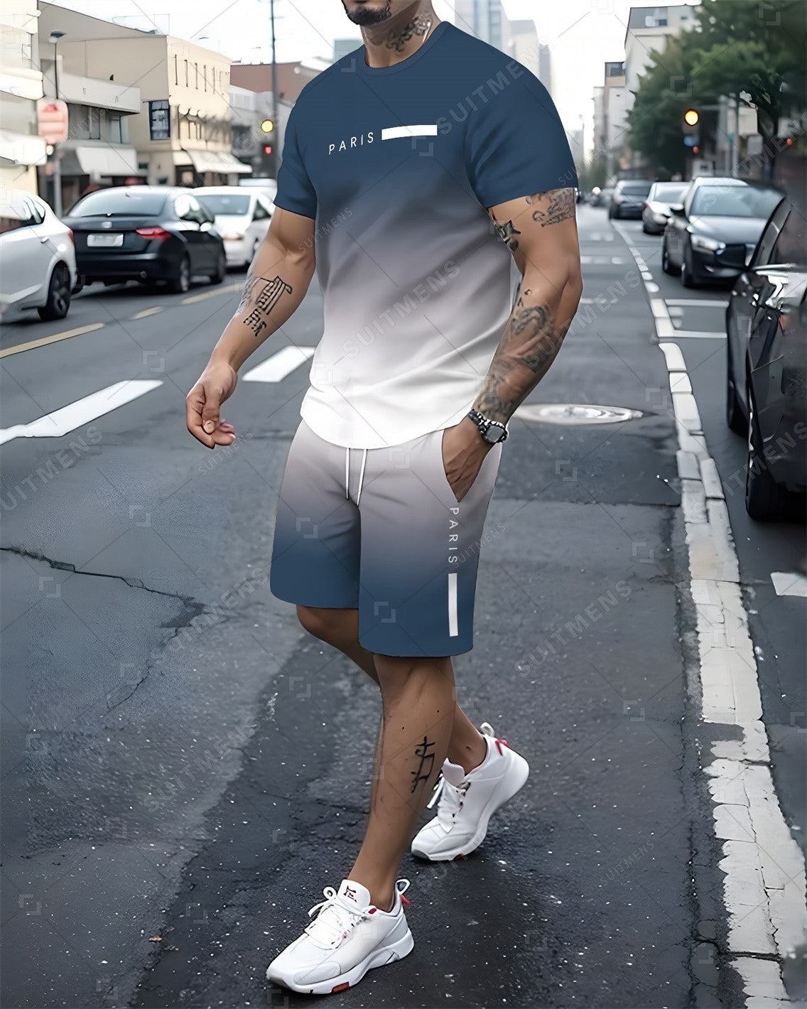 Men's Summer Gradient Print Round Neck Set 933
