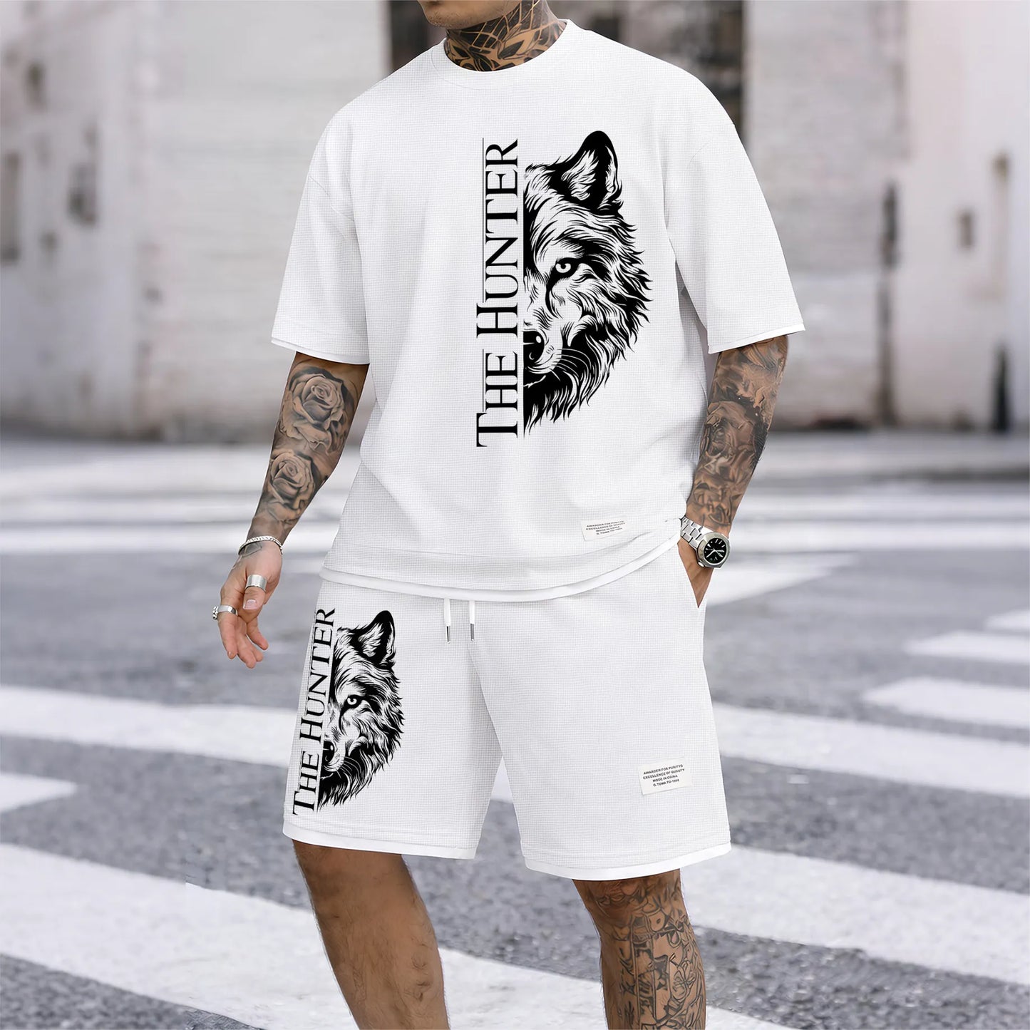 Men's "The Hunter" Wolf Head Graphic Print Waffle Short Sleeve T-Shirt & Shorts Set, Summer Lightweight Casual Sporty Two-Piece Outfit, Streetwear for Gym & Daily Wear