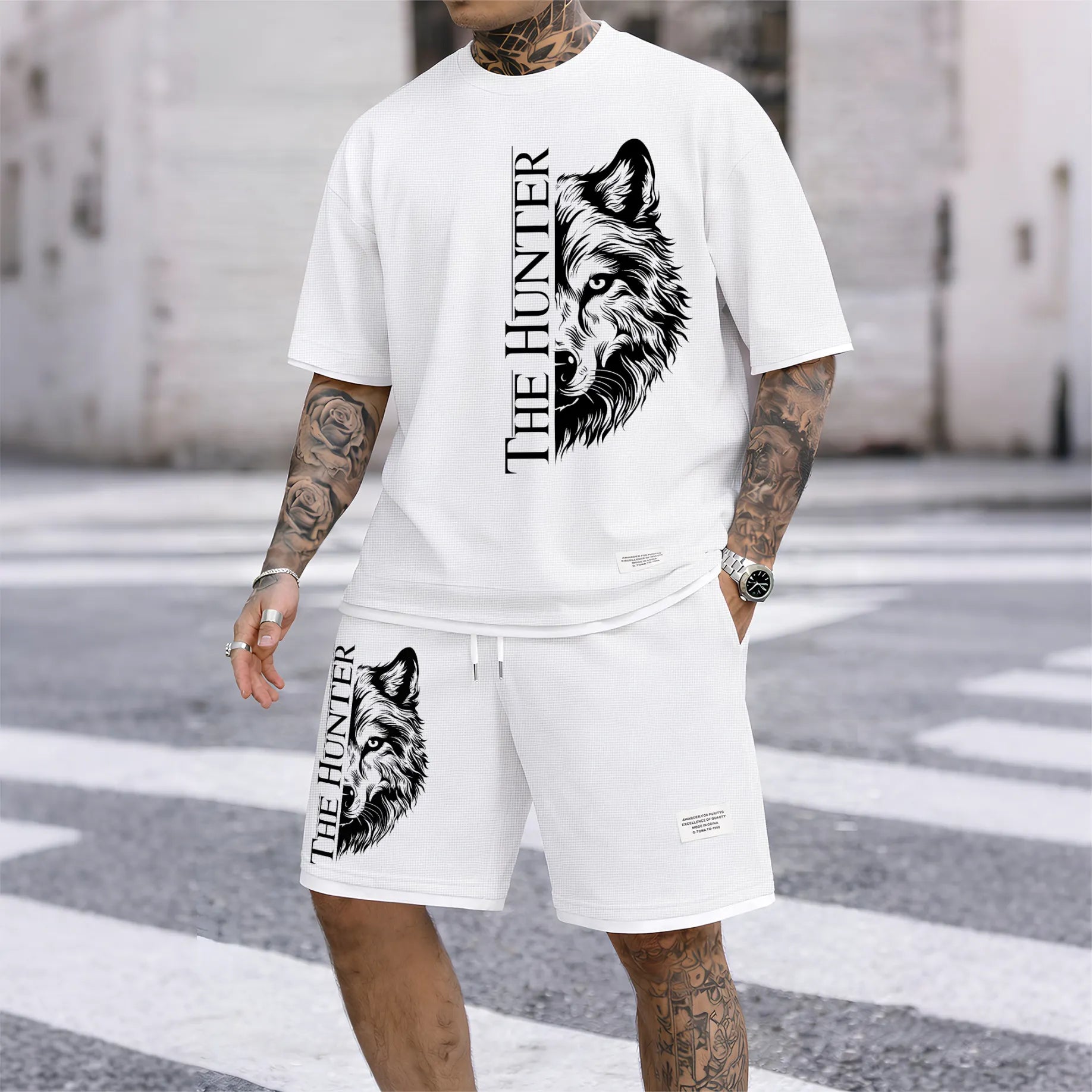 Men's "The Hunter" Wolf Head Graphic Print Waffle Short Sleeve T-Shirt & Shorts Set, Summer Lightweight Casual Sporty Two-Piece Outfit, Streetwear for Gym & Daily Wear