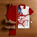 Men's 250Th Anniversary Red & White Printed Short Sleeved Polo Shirt & Trousers Two-Piece Set